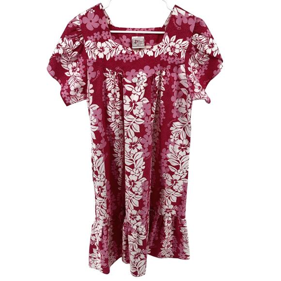 Vintage Kalena Fashions of Hawaii Midi Mumu Dress Pocket Hibiscus Floral Pink M - Picture 1 of 5